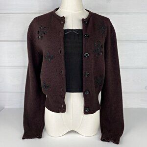 GAP Vintage 1990s S M Beaded Snowflake Lambswool Angora CARDIGAN SWEATER Cropped